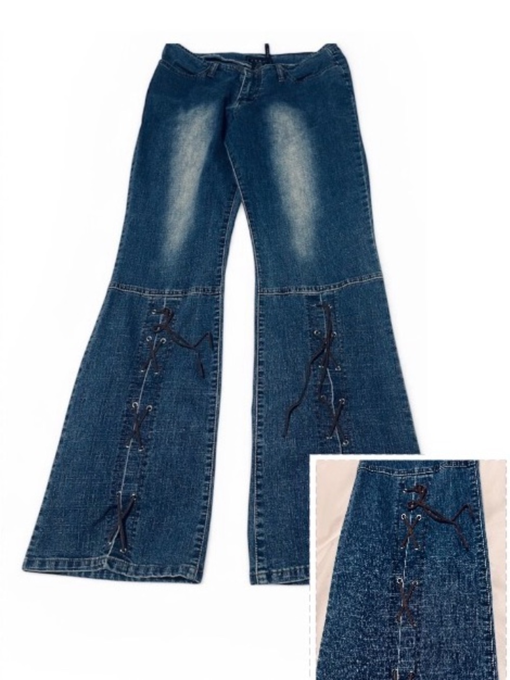 Vintage Y2K Sebo Paris 32/30 Flare Jeans Leather Lacing Mid Rise Boho - Picture 10 of 10